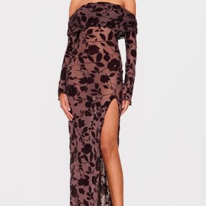 Chocolate Devore Bardot Long Sleeve Maxi Dress