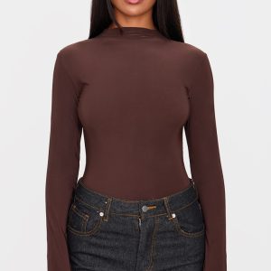 Chocolate Slinky High Neck Long Sleeve Bodysuit