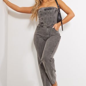 Washed Charcoal Bandeau Denim Jumpsuit