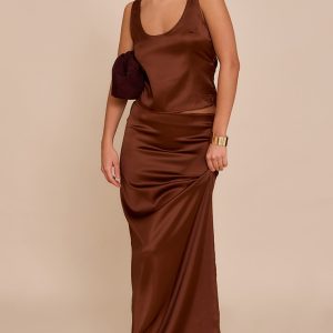 Chocolate Satin Mid Waist Maxi Skirt