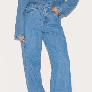 Mid Blue Wash Low Rise Tie Waistband Wide Leg Jeans