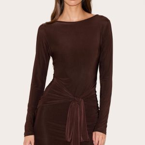 Chocolate Slinky Wrap Detail Mini Dress