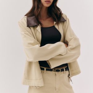 Beige Brown Collar Denim Jacket