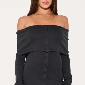 Black Rib Fold Over Bardot Button Mini Dress