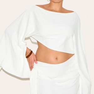 Plus Cream Floaty Woven Slash Neck Long Sleeve Top