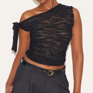 Black Sheer Bobble Crochet Asymmetric Tie Top