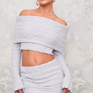 Light Grey Textured Fold Over Long Sleeve Top