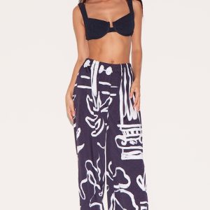 Black Monochrome Floral Beach Trousers