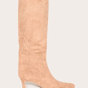 Taupe Faux Suede Point Toe Mid Heeled Knee High Boots