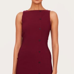 Burgundy Stretch Woven Button Down Shift Dress