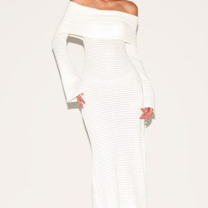 Cream Textured Extreme Bardot Long Sleeve Maxi Dress