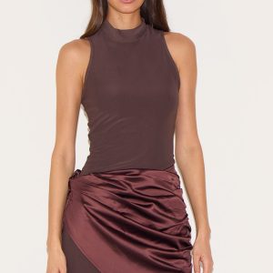 Chocolate Woven High Neck Satin Drape Mini Dress