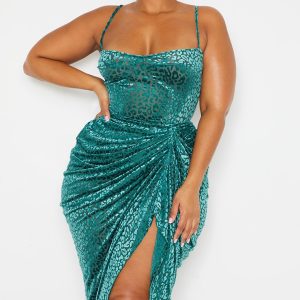 Plus Emerald Green Leopard Velvet Structured Corset Top
