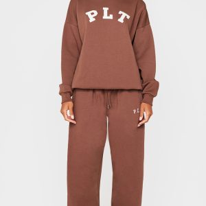 PRETTYLITTLETHING Dark Chocolate Logo Oversized Wide Leg Joggers