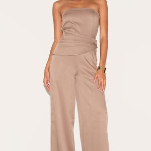 Mushroom Woven Bandeau Tie Detail Jumpsuit