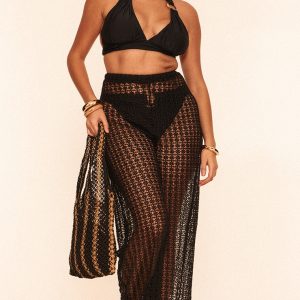 Plus Black Crochet Low Waist Wide Leg Beach Trousers