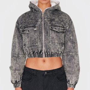 Washed Grey Faux Fur Lined Hood Cropped Denim Jacket