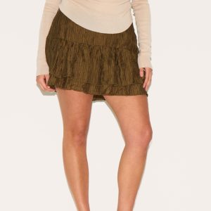 Plus Khaki Crinkle Woven Dropped Waist Frilly Mini Skirt