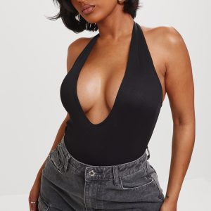 Shape Black Ribbed Halterneck Plunge Bodysuit