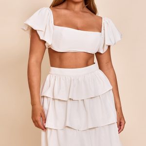 Shape Cream Crinkle Satin Puff Sleeve Crop Top