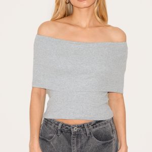 Grey Ribbed Foldover Bardot Top