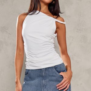 Petite White Soft Touch Twist Detail Ruched Top