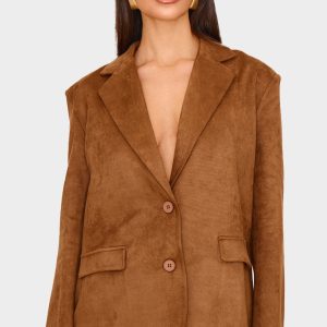 Brown Faux Suede Tailored Oversized Blazer