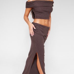 Chocolate Brushed Rib Ruched Detail Foldover Maxi Skirt