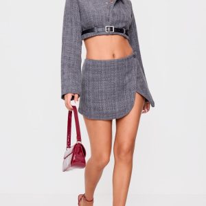 Petite Grey Textured Woven Wrap Over Mini Skirt