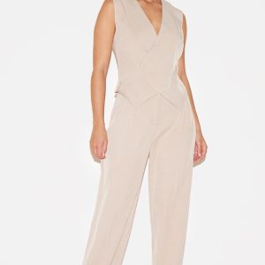 Stone Woven Asymmetric Detail Waistcoat Straight Leg Jumpsuit