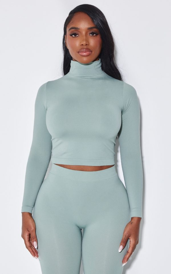 292c8da7d3e606215fb665a8f02a8161cd75f44b_CNJ7958_1_shape_sage_green_stretch_seamless_high_neck_long_sleeve_top