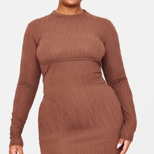 Plus Brown Textured Long Sleeve Bust Seam Detail Mini Dress