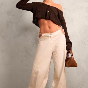 Stone Cotton Cut Out Tie Side Trousers