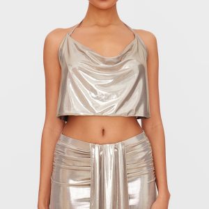 Gold Metallic Cowl Neck Top