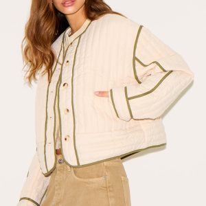 Cream Button Up Round Neck Quilted Jacket