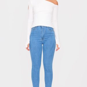Light Blue Wash Side Split Hem Skinny Jeans