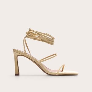 Lemon Pu Square Toe Strappy Lace Up Mid Stiletto Heeled Sandals