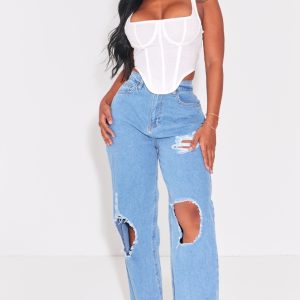 PRETTYLITTLETHING Shape Light Blue High Waist Ripped Wide Leg Jeans