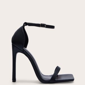 Black WIDE FIT Pu Barely There Strappy Heeled Sandals
