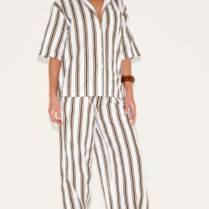 Tall Beige Linen Look Striped Wide Leg Trousers