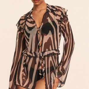 Black Zebra Printed Mesh Frilly Tie Front Beach Top
