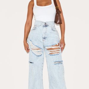 Shape Light Blue Acid Wash Denim Foldover Waist Ripped Wide Leg Jeans