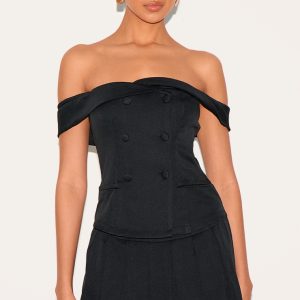 Black Tailored Button Detail Bardot Pleated Skort Playsuit