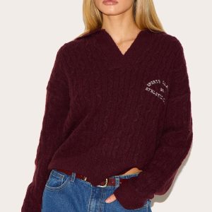 Burgundy Soft Cable Knit Embroidered Collar Detail Oversized Jumper