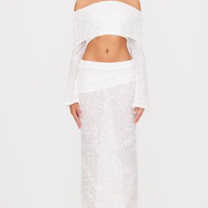 White Textured Sequin Foldover Maxi Skirt