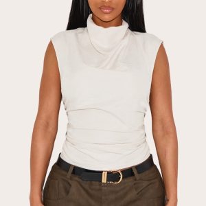 Shape Cream Peach Skin High Cowl Neck Top