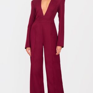 Burgundy Woven Plunge Long Sleeve Straight Leg Jumpsuit
