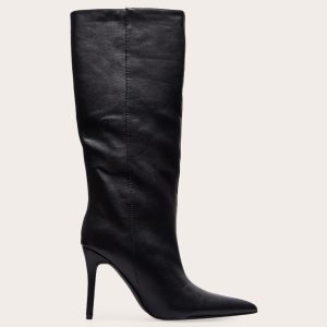 Black PU Point Toe Stiletto Knee High Heeled Boots