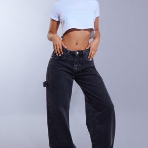 Petite Washed Black Wide Leg Jeans With Strap Detail