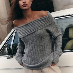 Grey Asymmetric Rib Knit Long Sleeve Top